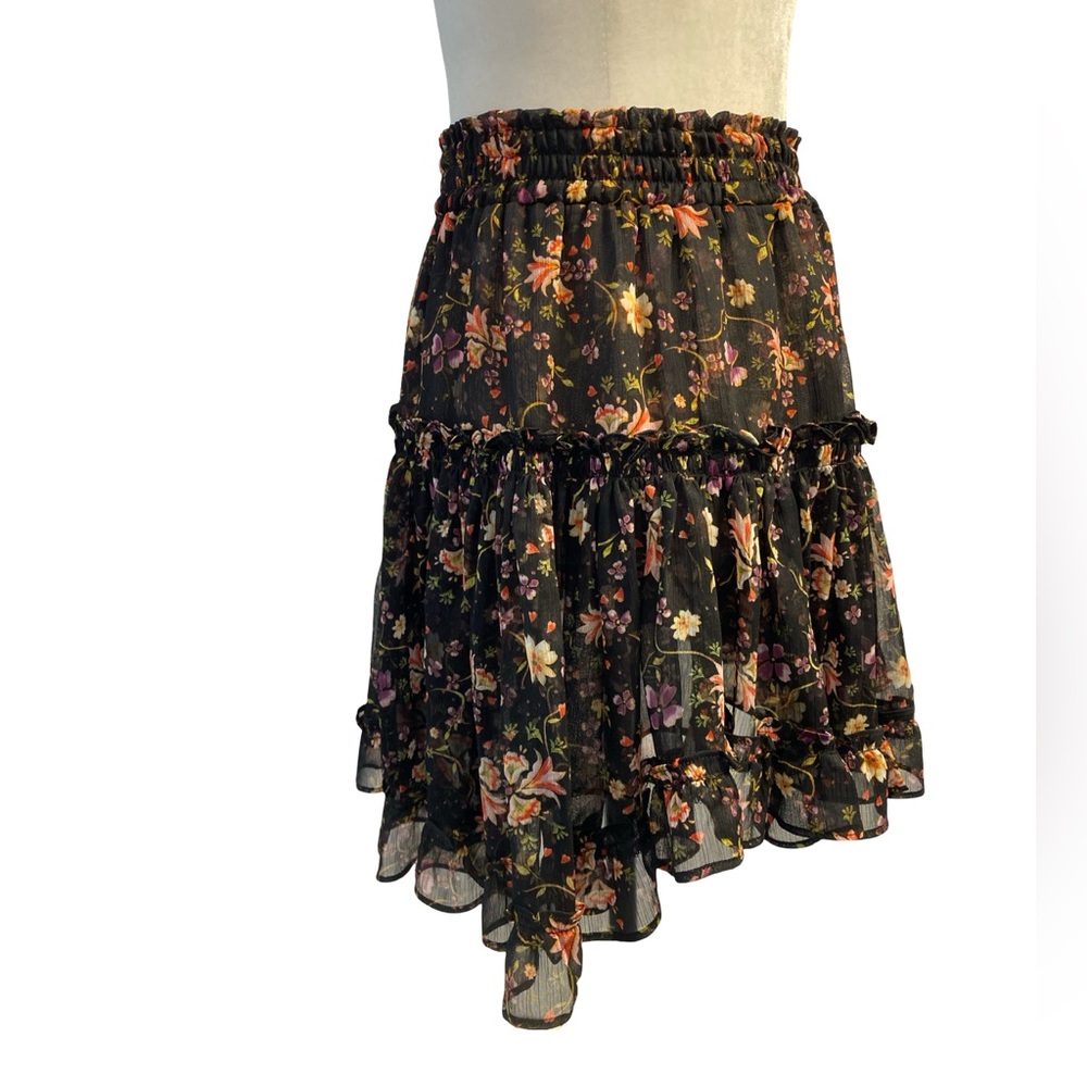 MISA Black Floral Ruffle Mini Skirt – Boho Luxe Tiered Sheer Overlay Size Small - Picture 5 of 11